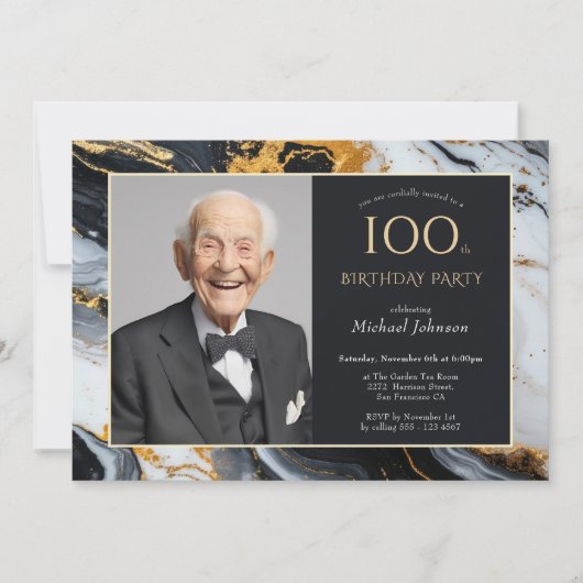 Elegant Zwarte Goud Agaat Foto 100ste Verjaardag Kaart (Voorkant)