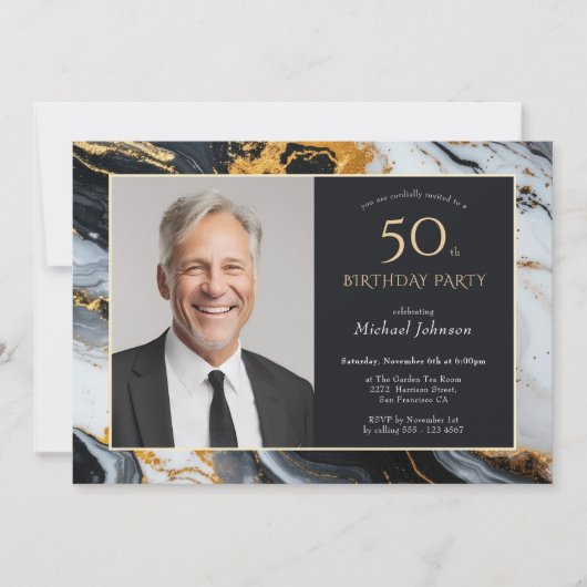 Elegant Zwarte Goud Agaat Foto 50e Verjaardag Kaart (Voorkant)