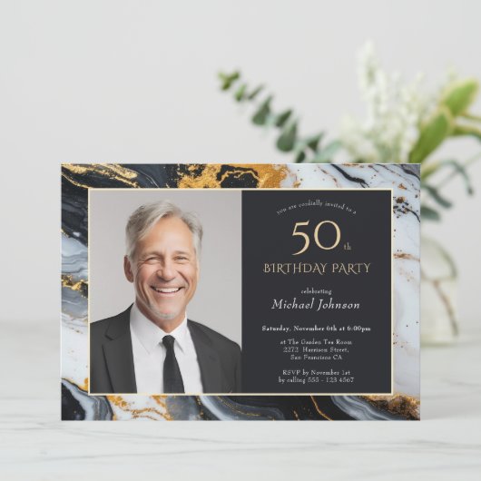 Elegant Zwarte Goud Agaat Foto 50e Verjaardag Kaart (Staand voorkant)