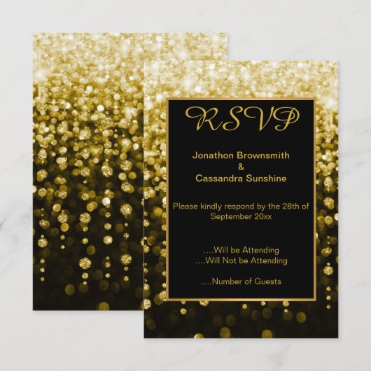 ELEGANT ZWARTE GOUD DIAMANT WATERFALL RSVP KAART (Voorkant / Achterkant)