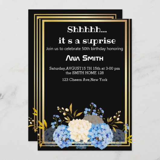 ELEGANT ZWARTE GOUDE INVITATIE SURPRISE KAART (Voorkant / Achterkant)