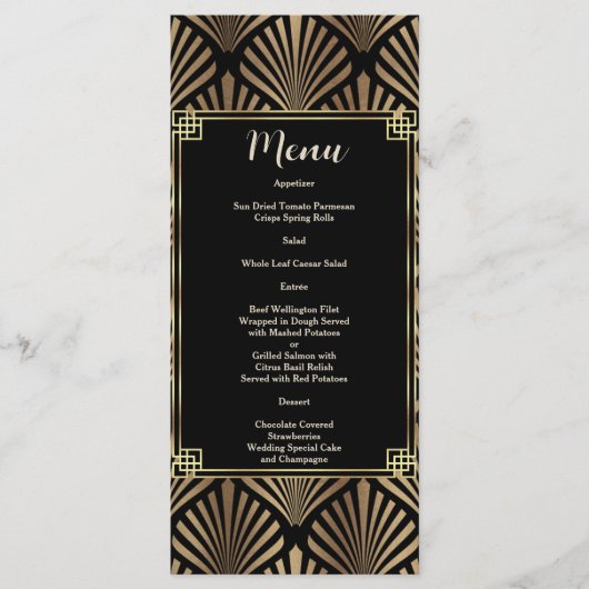 Elegant Zwarte Gouden Art Deco 1920 Huwelijk Menu (Voorkant)