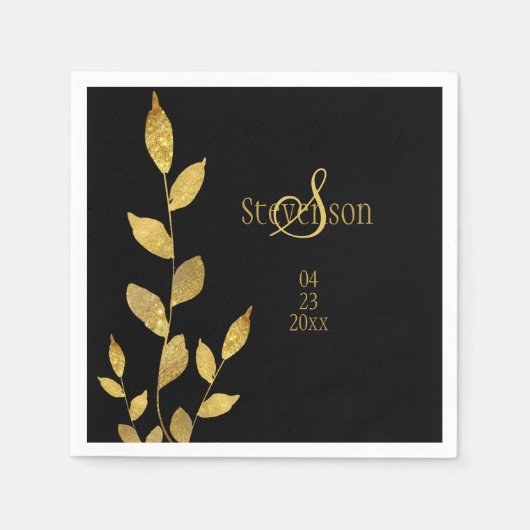 Elegant Zwarte Gouden Blad Moderne Monogram Bruilo Servet (Voorkant)