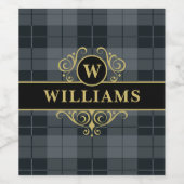 Elegant Zwarte Gouden Geruite Monogram Wijn Etiket (Enkel label)