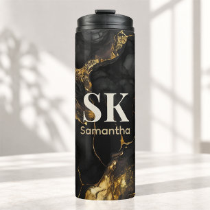 Elegant zwarte gouden namaak glitters marmer monog thermosbeker