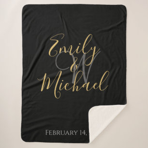 Elegant Zwarte Gouden Script Monogram Initiaal Tro Sherpa Deken