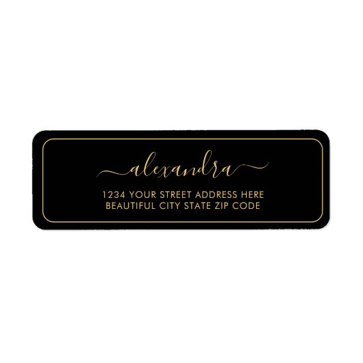 Elegant Zwarte Gouden Script Trouw Retouradres Etiket (Voorkant)