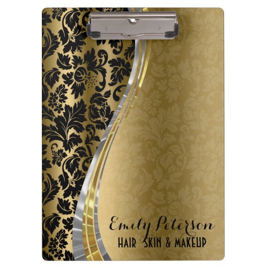 Elegant zwarte & goudmaskers met zilveraccessoires klembord (Voorkant)