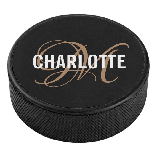 Elegant zwarte goudmonogram hockey puck (3/4)