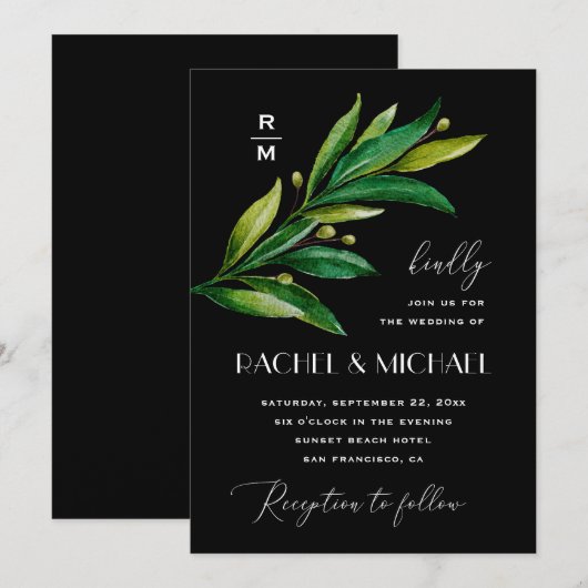 Elegant zwarte groene bruiloft. Waterverf groen Kaart (Voorkant / Achterkant)