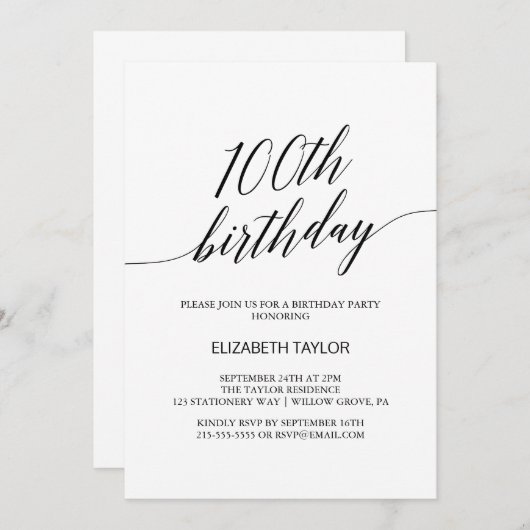 Elegant zwarte kalligrafie 100th Birthday Kaart (Voorkant / Achterkant)