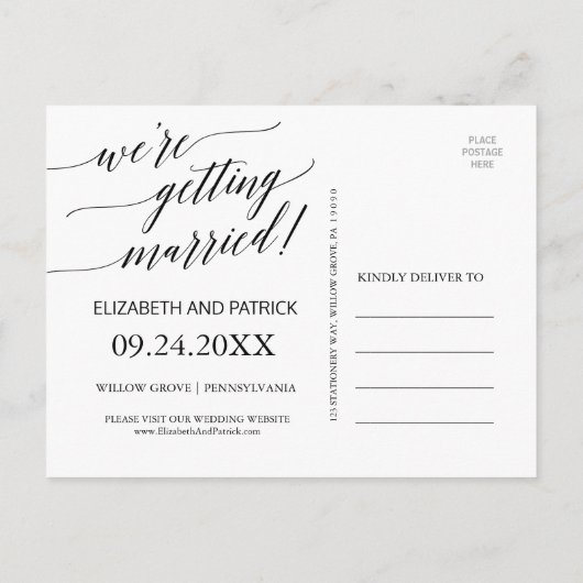 Elegant zwarte kalligrafie We worden getrouwd Aankondigingskaart (Achterkant)