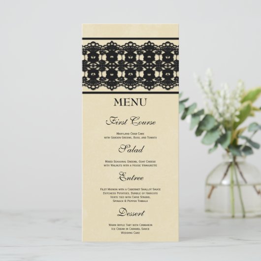 Elegant zwarte kant aangepast huwelijksmenu menu (Staand voorkant)