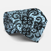 Elegant Zwarte Kant Op Blauwe Achtergrond Stropdas (Opgerold)