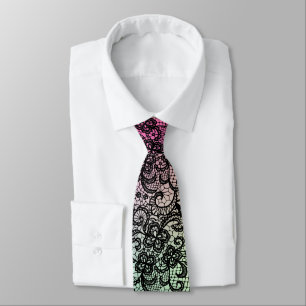 Elegant Zwarte Kant Op Verlopend Roze en Groen Stropdas