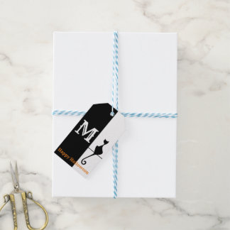 Elegant zwarte kat met Initiaal Klassiek Cadeaulabel