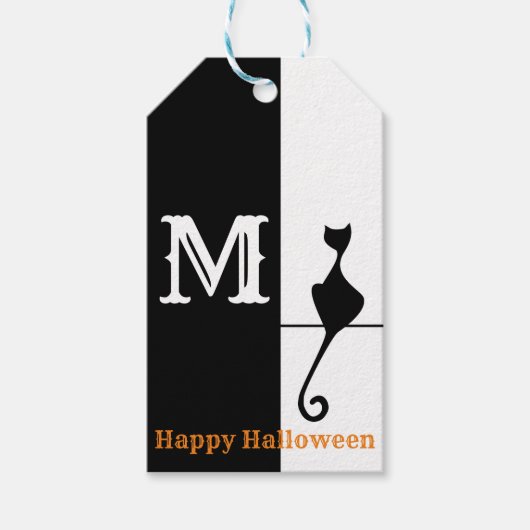 Elegant zwarte kat met Initiaal Klassiek Cadeaulabel (Voorkant)