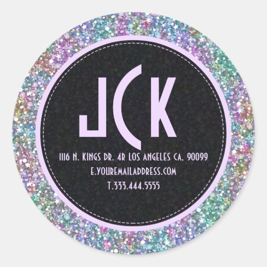 Elegant zwarte kleurrijke Paarse glitter & Sparkle Ronde Sticker (Voorkant)
