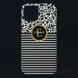 Elegant zwarte leopard-hoes voor monogram laptop Case-Mate iPhone case<br><div class="desc">Een zwart-wit luipatroon met een zwart-wit gestreept en een goud en zwart elegant monogram versiert deze telefoondoos. Pas het aan voor jezelf of voor een geschenk! Ontworpen voor jou door Blackberry Boulevard.</div>