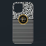 Elegant zwarte leopard-hoes voor monogram laptop Case-Mate iPhone case<br><div class="desc">Een zwart-wit luipatroon met een zwart-wit gestreept en een goud en zwart elegant monogram versiert deze telefoondoos. Pas het aan voor jezelf of voor een geschenk! Ontworpen voor jou door Blackberry Boulevard.</div>
