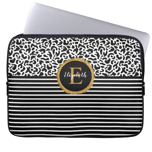 Elegant zwarte leopard-hoes voor monogram laptop laptop sleeve (Voorkant)