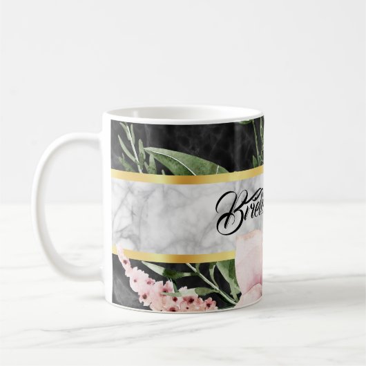 Elegant zwarte marmer roze Floral met naam Koffiemok (Links)