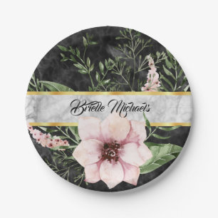 Elegant zwarte marmer roze Floral met naam Papieren Bordje