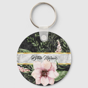 Elegant zwarte marmer roze Floral met naam Sleutelhanger