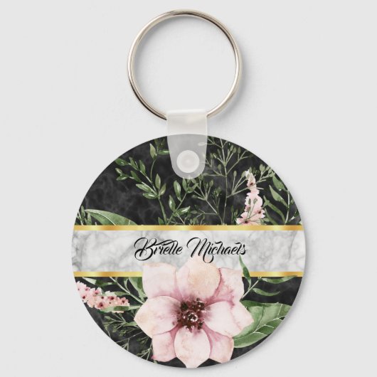 Elegant zwarte marmer roze Floral met naam Sleutelhanger (Voorkant)