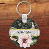 Elegant zwarte marmer roze Floral met naam Sleutelhanger (Voorkant)