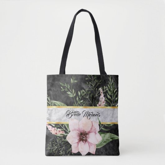 Elegant zwarte marmer roze Floral met naam Tote Bag (Voorkant)