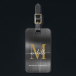 Elegant Zwarte Metaal Gouden Monogram Initiaal Sch Bagagelabel<br><div class="desc">Meisjesachtige stijlvolle moderne elegante zwarte metalen en gouden monogram initiële naam script douane gepersonaliseerde bagage label. Dit ontwerp met een voornaam in een mooie handgeschreven zwiepende staart letter calligrafie (of typografie) met monogram beginletter, volledige naam, adres info in goud op zwarte namaak metalen folie achtergrond. Deze zijn gemakkelijk aan te...</div>