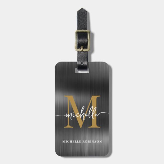 Elegant Zwarte Metaal Gouden Monogram Initiaal Sch Bagagelabel (Voorkant verticaal)