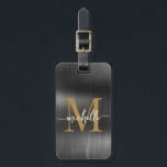 Elegant Zwarte Metaal Gouden Monogram Initiaal Sch Bagagelabel<br><div class="desc">Meisjesachtige stijlvolle moderne elegante zwarte metalen en gouden monogram initiaal naam schrift aangepaste gepersonaliseerde bagagesticker. Dit ontwerp bevat een voornaam in een mooie met de hand geschreven zwiepende lettertype calligrafie (of typografie) met monogram initiaal, adresinfo in goud en wit op een namaak zwart metalen folie achtergrond. Deze zijn gemakkelijk aan...</div>