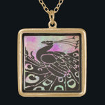 ELEGANT ZWARTE PEACOCK IN PAARSE BLAUWE SPARKELS GOUD VERGULDEN KETTING<br><div class="desc">Elegant Art Nouveau pauock in zwarte en roze sparken en glitters.</div>