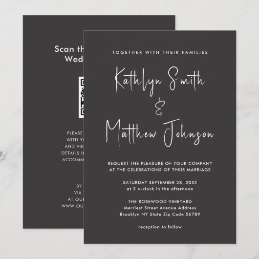 Elegant zwarte QR-code in één moderne bruiloft Kaart (Voorkant / Achterkant)