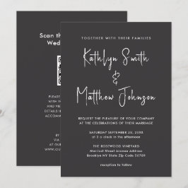 Elegant zwarte QR-code in één moderne bruiloft Kaart
