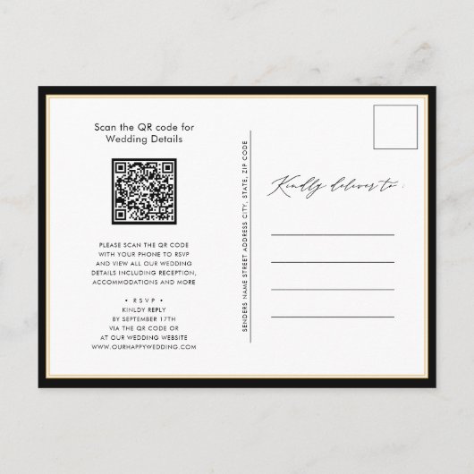 Elegant zwarte QR-code in één moderne bruiloft Uitnodiging Briefkaart (Achterkant)