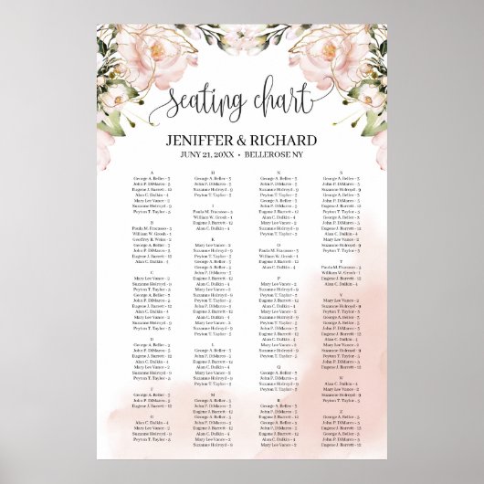 Elegant zwarte roze florale alfabetische zitplaats poster (Voorkant)