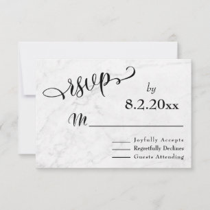 Elegant Zwarte Script met Witte Marmer, Huwelijks  RSVP Kaartje