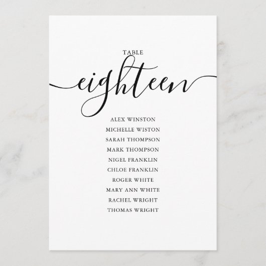 Elegant zwarte-scripttabel nummer 18-zittingsschem kaart (Voorkant)