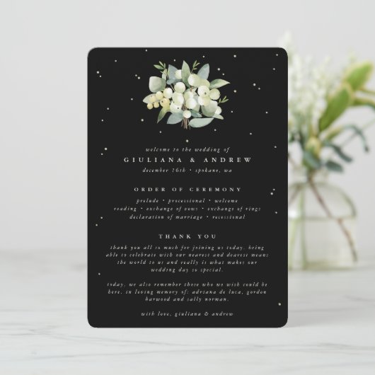 Elegant Zwarte Sneeuwbes + Eucalyptus Bruidsboeket Programmakaart (Staand voorkant)