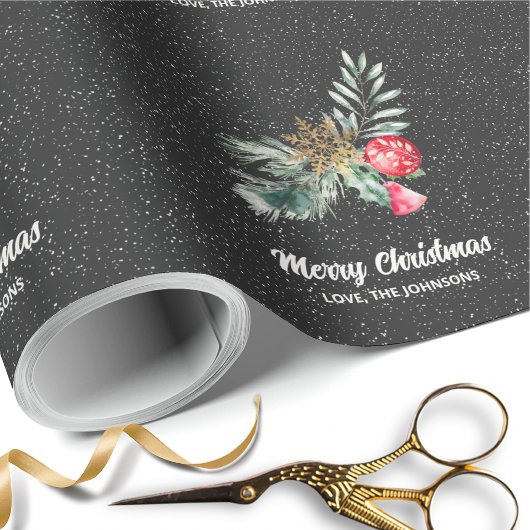 Elegant Zwarte Sneeuwvlok Kerst Script Cadeaupapier