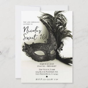 Elegant Zwarte Veer Maskerade Wijs Sweet 16 Kaart