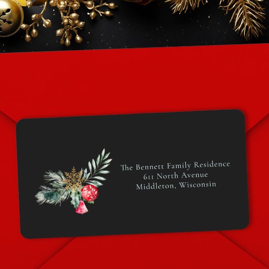 Elegant Zwarte Watercolor Kerstadres Etiket