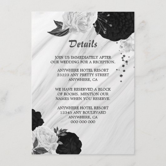 Elegant zwarte witte bloemen, omhullingskaart informatiekaartje (Voorkant)