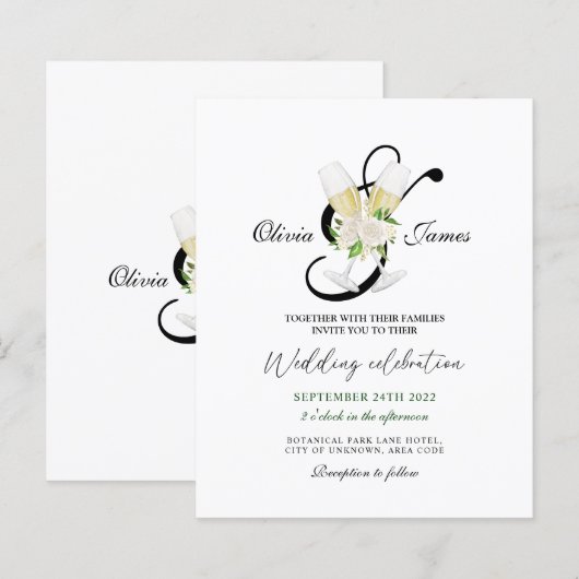 Elegant zwarte witte champagne Uitnodiging (Voorkant / Achterkant)