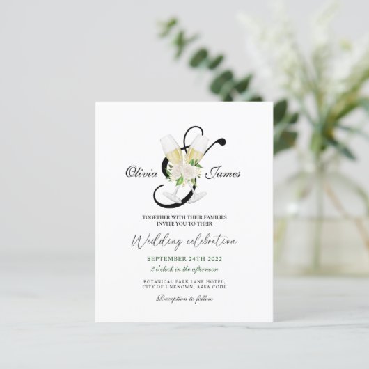 Elegant zwarte witte champagne Uitnodiging (Staand voorkant)