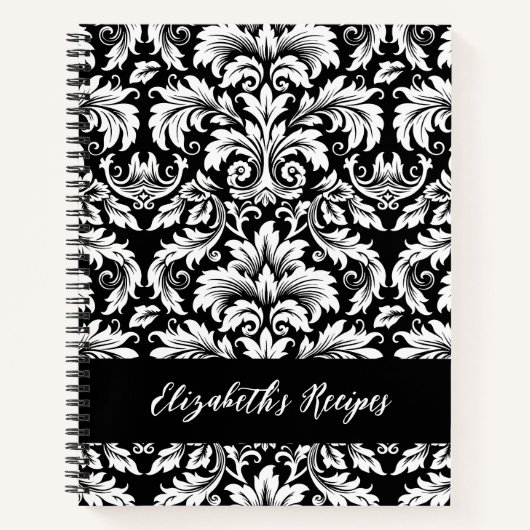 Elegant Zwarte Witte Damast Recept Notitieboek (Voorkant)
