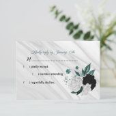 Elegant zwarte witte en blauwgroen blauwe bloemen RSVP kaartje (Staand voorkant)